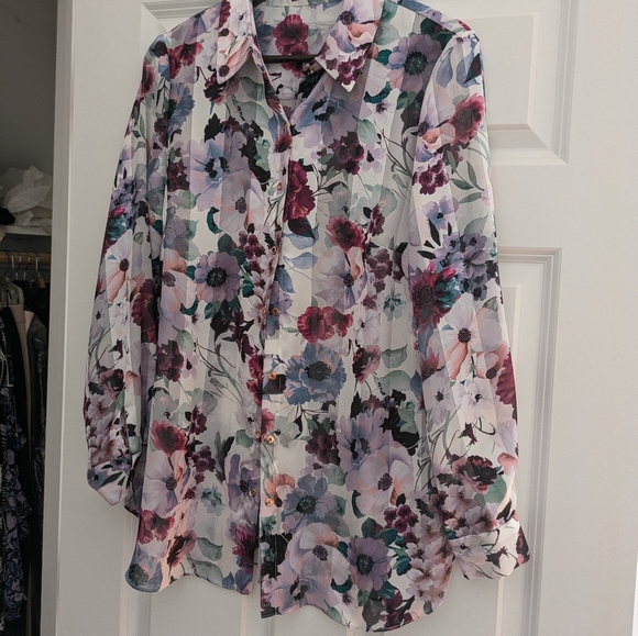 T Tahari Floral Stripe Snap Front Blouse Satin M - Picture 6 of 14